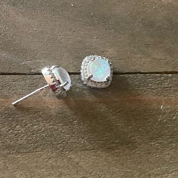 Simulated Fire Pink, Blue Opal, White Gold Plated, Cubic Zirconia Stud Earrings - Picture 7 of 12